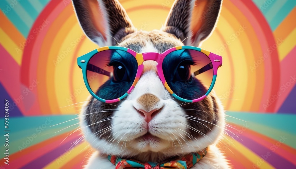 An adorable, stylish rabbit wearing colorful sunglasses and a bowtie against a vibrant background.