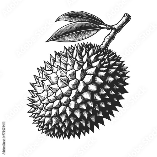 durian fruit open to reveal its fleshy lobes, showcasing this exotic and distinctive tropical fruit sketch engraving generative ai raster illustration. Scratch board imitation. Black and white image.