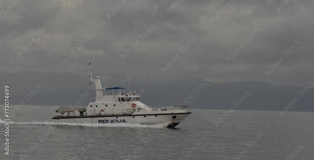 Police boat on service at sea in Croatia. Police boat in Kvarner bay north coast of Adriatic Sea.