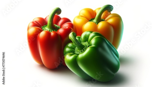 Three bell peppers in red  yellow  and green  shining and fresh on a white background.