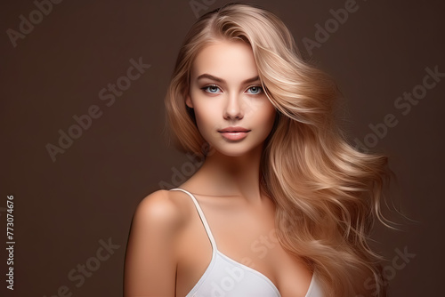 Radiant Blonde Beauty with Luxurious Wavy Hair and Elegant White Top
