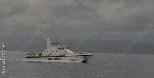 Police boat on service at sea in Croatia. Police boat in Kvarner bay north coast of Adriatic Sea.