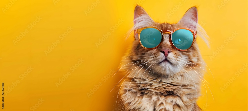 Sunglasses-clad cat with trendy style, plain background Empty foreground for text