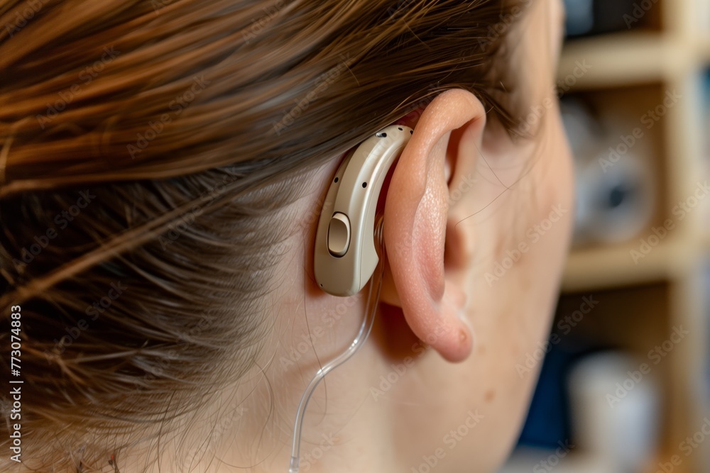 person wearing a bte behindtheear hearing aid at work - obrazy, fototapety, plakaty 