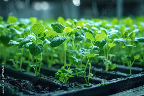 Young green soybean plants growing in a controlled agricultural environment, representing growth and agriculture © Dacha AI