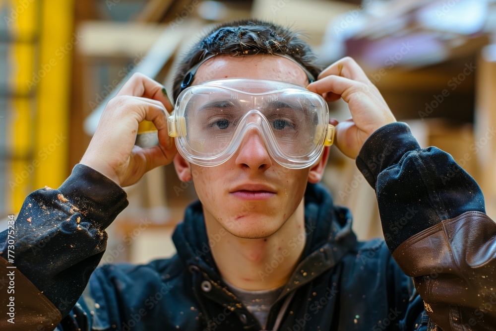 Obraz na plátně artist donning safety goggles before cutting