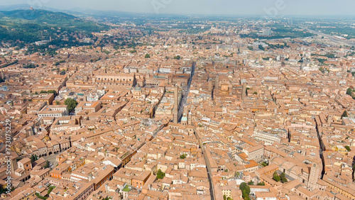 Bologna, Italy. Old Town. Two Towers. (Le due Torri) Garisenda and degli Asinelli. Towers from the 12th century. Summer, Aerial View photo