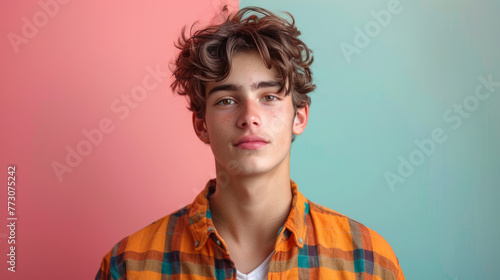 A portrait of a young man with curly hair, wearing a checkered shirt. The background is split into two colors, pink on the left and blue on the right. photo