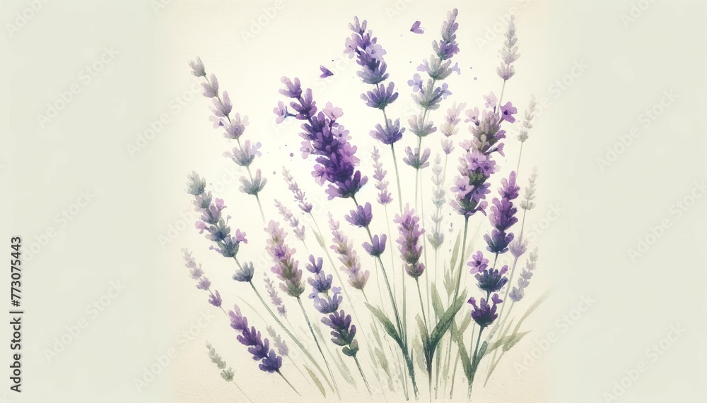 Naklejka premium Delicate watercolor lavender flowers with a soft wash of color, giving a serene feel.