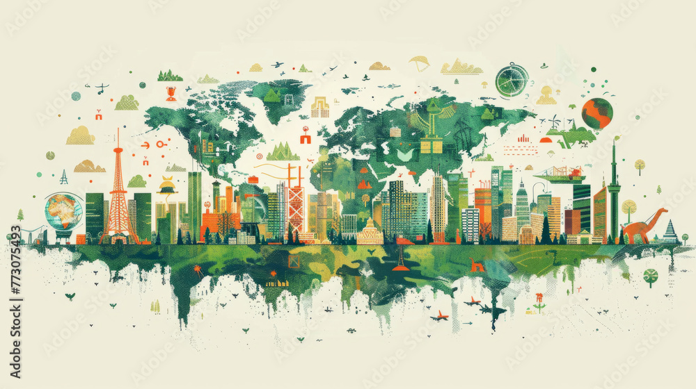 Corporate Social Responsibility (CSR). An artistic illustration depicting a green and sustainable cityscape. The image integrates a mix of urban buildings, renewable energy sources, and natural 