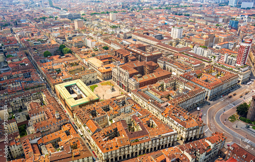Turin, Italy. Piazza Carlo Alberto - City Square. Palace - Palazzo Carignano. Panorama of the central part of the city. Aerial view photo