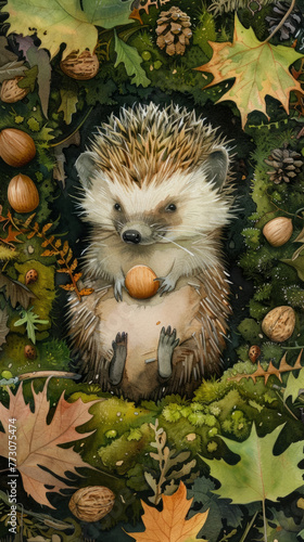 Curious Hedgehog Nestled in Autumnal Woodland with Acorns,Leaves,and Moss