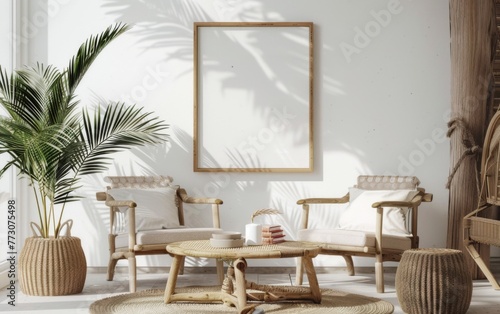 Mockup frame close up in coastal style home interior background, 3d render © MUS_GRAPHIC
