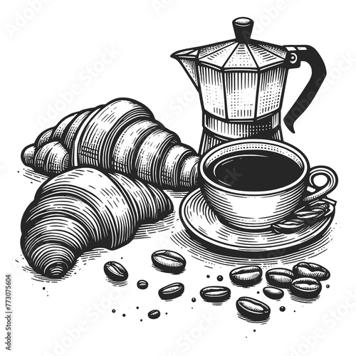 Coffee Croissant perfect breakfast setup classic coffee pot sketch engraving generative ai raster illustration. Scratch board imitation. Black and white image.