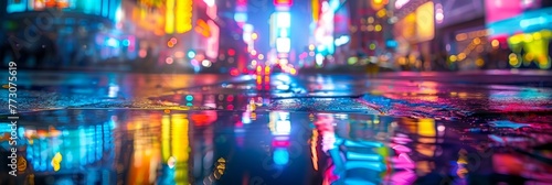 Dazzling Nighttime Cityscape with Neon Lights and Rain Reflections,Vibrant Urban Landscape at Dusk