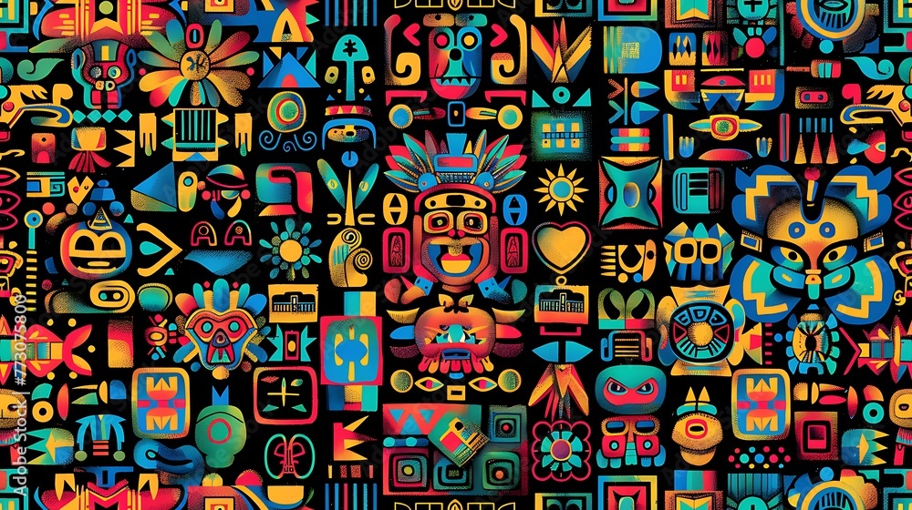 Colorful pattern of traditional Aztec designs, such as hieroglyphs or geometric shapes