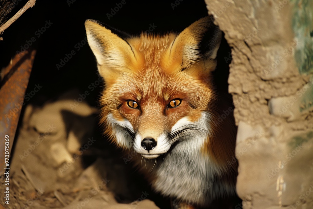 fox peeking out from a foxhole, eyes focused forward fox peeking out from a foxhole, eyes focused forward