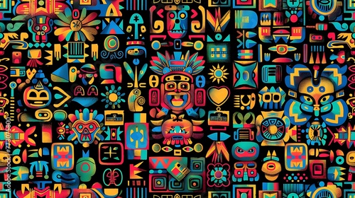 Colorful pattern of traditional Aztec designs, such as hieroglyphs or geometric shapes © Anditya