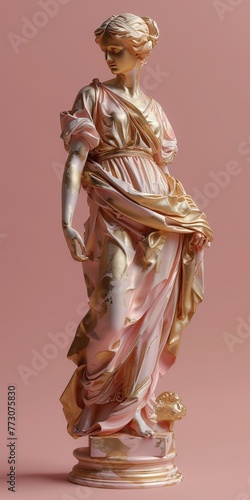 Classical statue with pink and gold accents on a pastel background. Digital art reimagining of a traditional sculpture for modern interior design and art poster. Full body shot with elegant pose