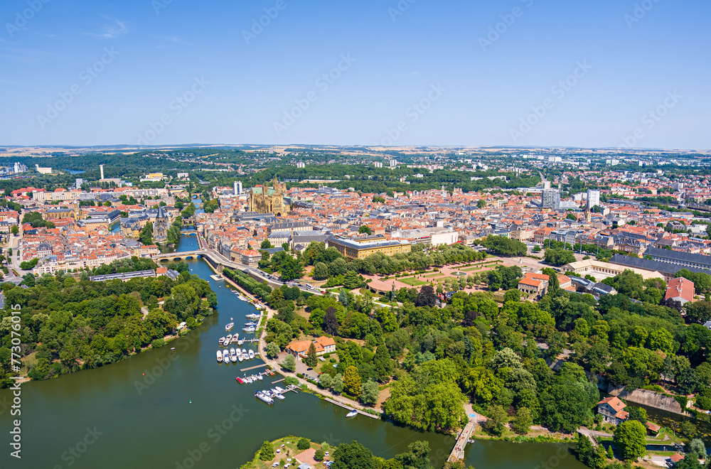 Metz, France. Esplanade Garden. Moselle River. Panorama of the city on a summer day. Sunny weather. Aerial view