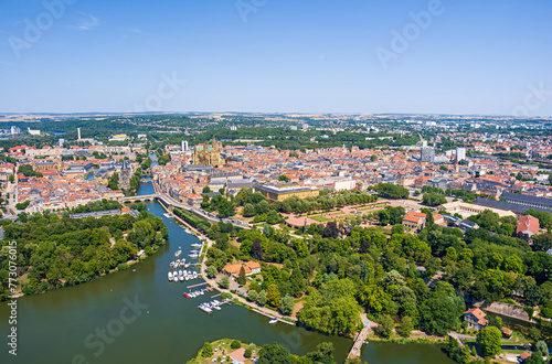 Metz, France. Esplanade Garden. Moselle River. Panorama of the city on a summer day. Sunny weather. Aerial view