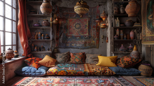 Cozy and vibrant bohemian interior with a comfortable low seating area adorned with colorful cushions and throws.