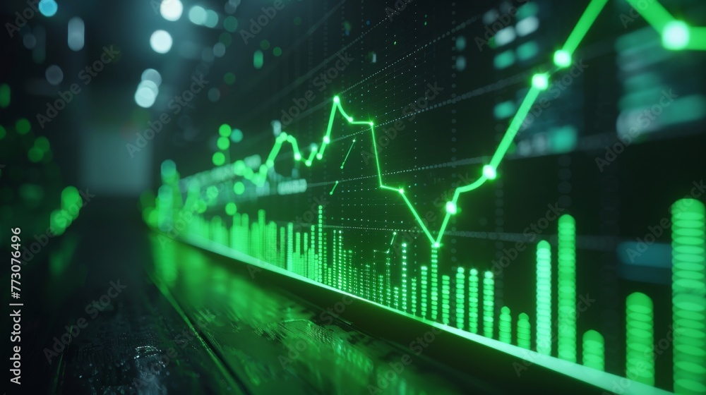 Green LED growth chart in a dark room, focused light, macro, energy of success Green LED growth chart in a dark room, focused light, macro, energy of success