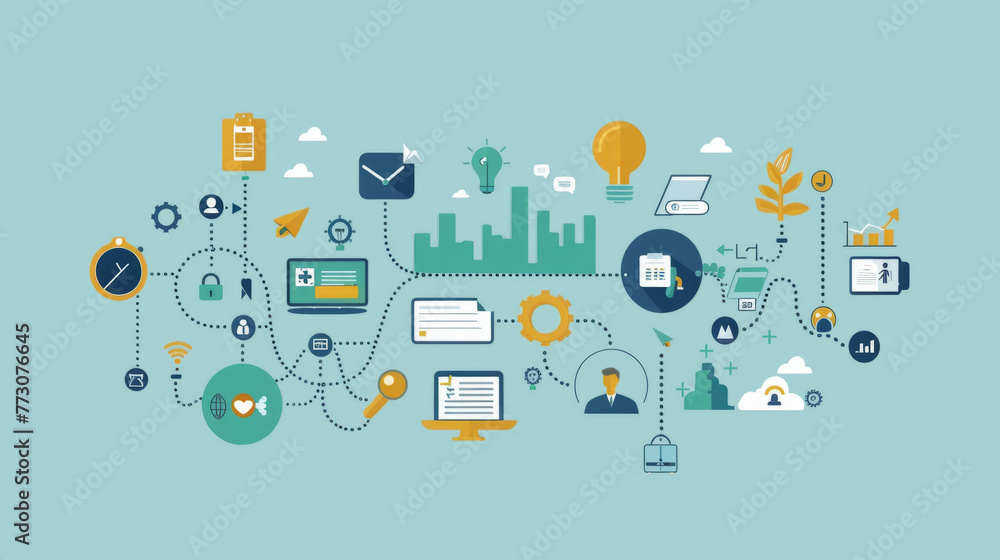 Corporate Social Responsibility (CSR), infographic of business and technology icons interconnected with dotted lines on a teal background Corporate Social Responsibility (CSR), infographic of business and technology icons interconnected with dotted lines on a teal background