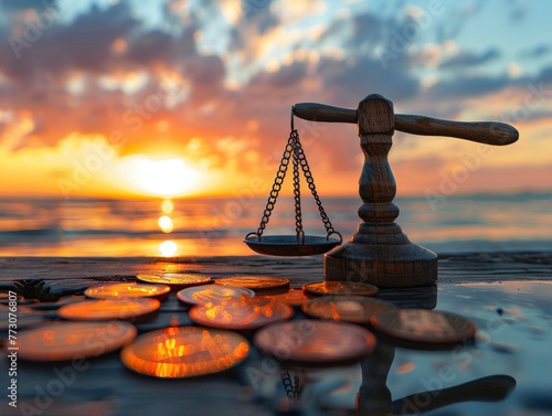 Scale balancing a hammer and scissors over coins, sunset, side angle, balanced drama photo