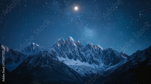Moonlit Snow Peaks Under a Starry Sky.  © kmmind
