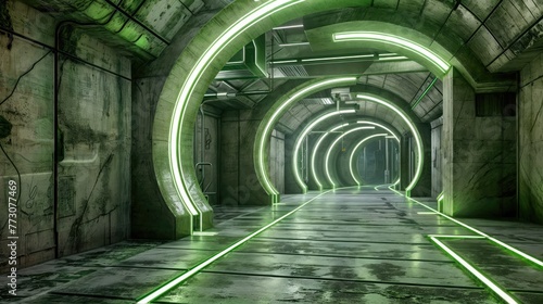A futuristic tunnel with green neon lights and a reflective floor.jpg
