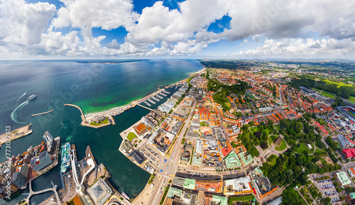 Helsingborg, Sweden. Panorama of the city in summer with port infrastructure. Oresund Strait. Aerial view photo