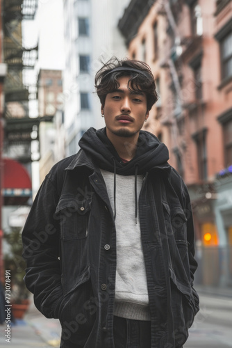 Young man standing confidently on a city street, wearing a casual black jacket over a hooded sweatshirt, with a slight beard and tousled hair.
