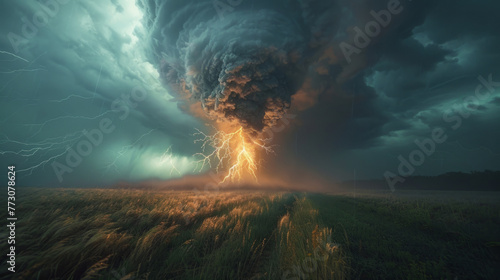A dramatic view of a severe thunderstorm over a golden wheat field, with multiple lightning strikes illuminating the dark and ominous storm clouds. photo