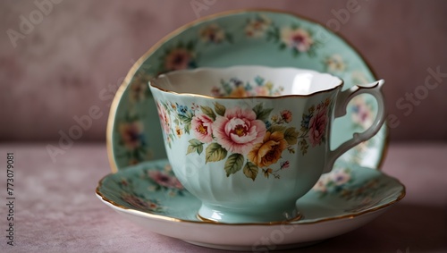 A vintage teacup set with delicate floral patterns in a riot of Victorian pastels Generative AI