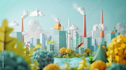 Corporate Social Responsibility (CSR) Infographic. A stylized industry scene with factories and smokestacks amidst colorful trees, clouds, and a body of water reflecting the environment