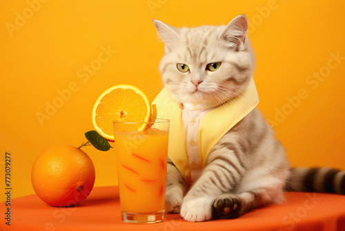 A delightful kitty in a stylish outfit, gleefully sipping orange juice against a vibrant orange background.