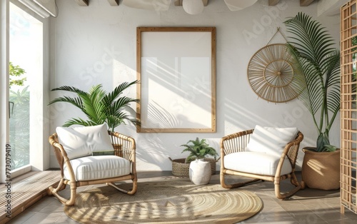 Mockup frame close up in coastal style home interior background, 3d render
