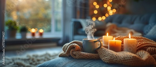 A composition that highlights the contours of snug blankets, flickering candles, and a mug of steaming beverage photo