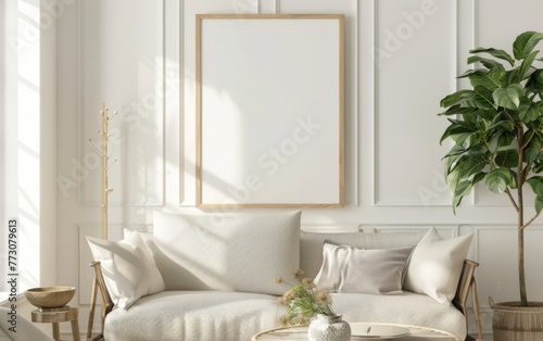 Mockup frame close up in coastal style home interior background, 3d render