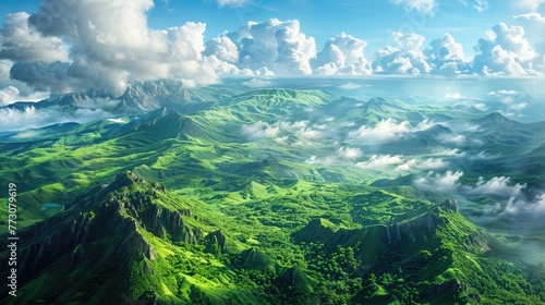 A lush green mountain range with a blue sky and fluffy clouds.jpg