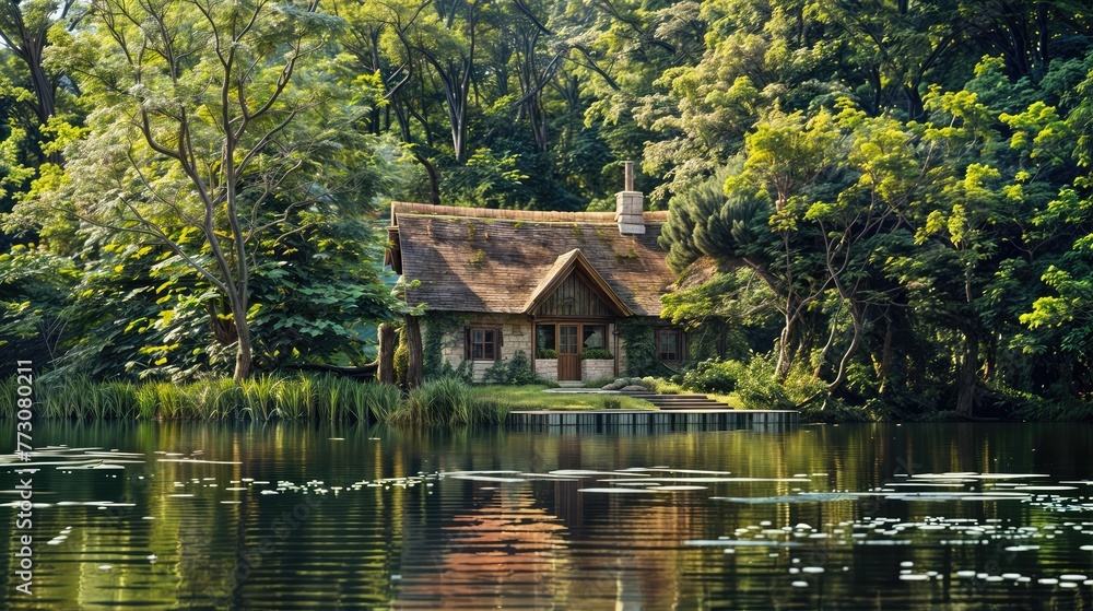 A small cottage sits on a small dock in a pond surrounded by trees.jpg