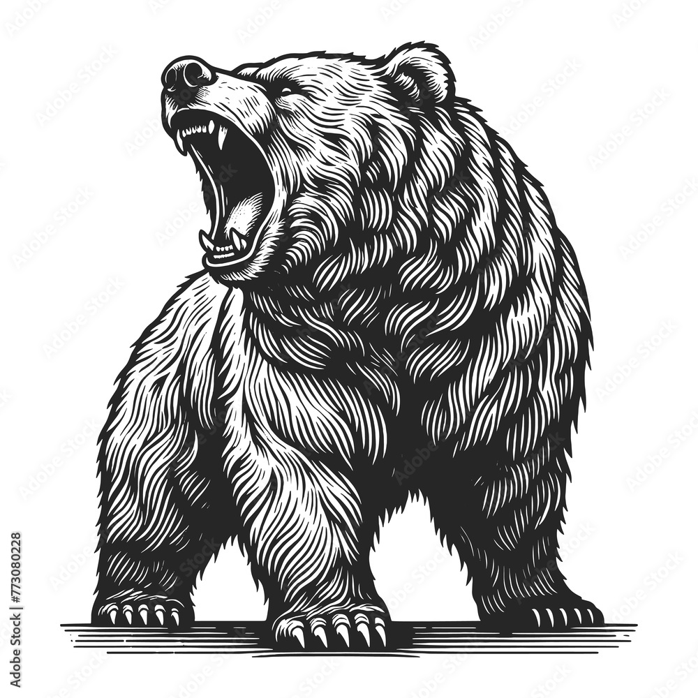 bear roaring amidst foliage, a detailed work showcasing wild nature strength sketch engraving generative ai raster illustration. Scratch board imitation. Black and white image. - obrazy, fototapety, plakaty 