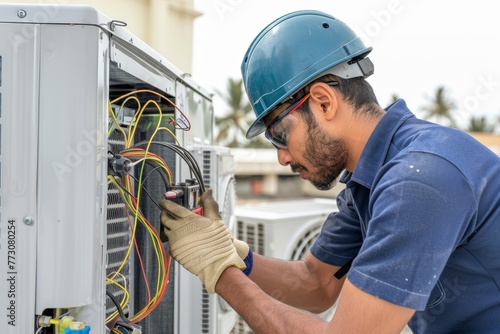 A photo of an air conditioner technician working on the outdoor unit with wires and tools, wearing a blue uniform shirt and helmet. photo