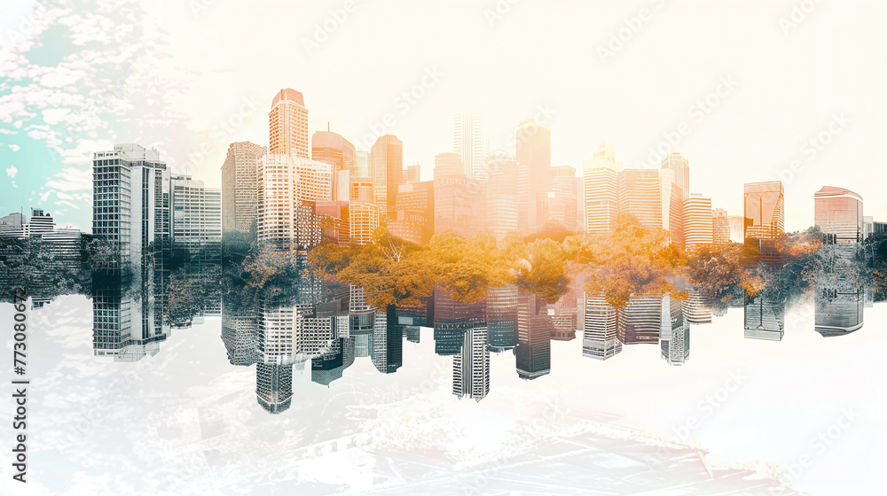 panorama of the city in double exposure
