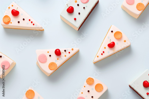 Colorful slices of cake with vibrant frosting, set against a blue backdrop. Simple, inviting, and tempting.