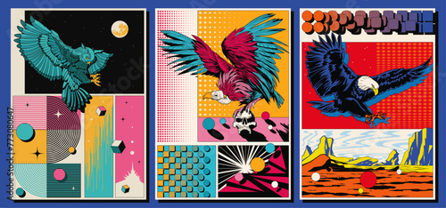 Owl, Vulture, Eagle Vector Illustrations. Scavenger and Predatory Birds. 3D effect Abstract Posters. 1980s Colors and Style Backgrounds  photo