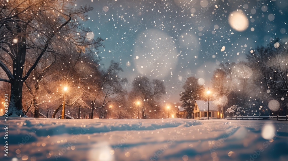 A snowy park at night with street lamps illuminating the area.jpg A snowy park at night with street lamps illuminating the area.jpg