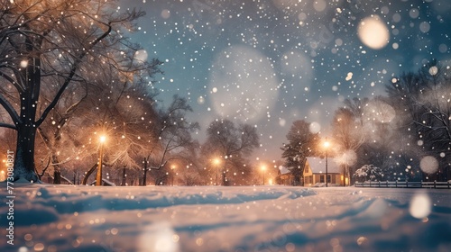 A snowy park at night with street lamps illuminating the area.jpg © Nosheen