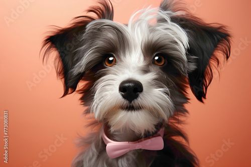 A delightful grey fluffy puppy with a white bow around its neck, looking curious against a soft peach backdrop.